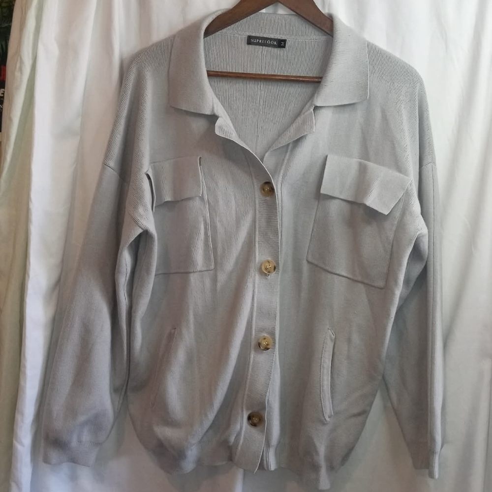 SUPRELOOK Ribbed Light Gray Crew Cardigan Pockets Button Medium Coastal Scandi